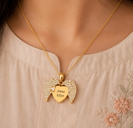 Personalized Angel Wings Name Necklace | Custom Heart Pendant for Women ⭐